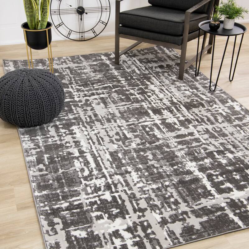 Washable Collection - White/Grey Abstract Soft Area Rug