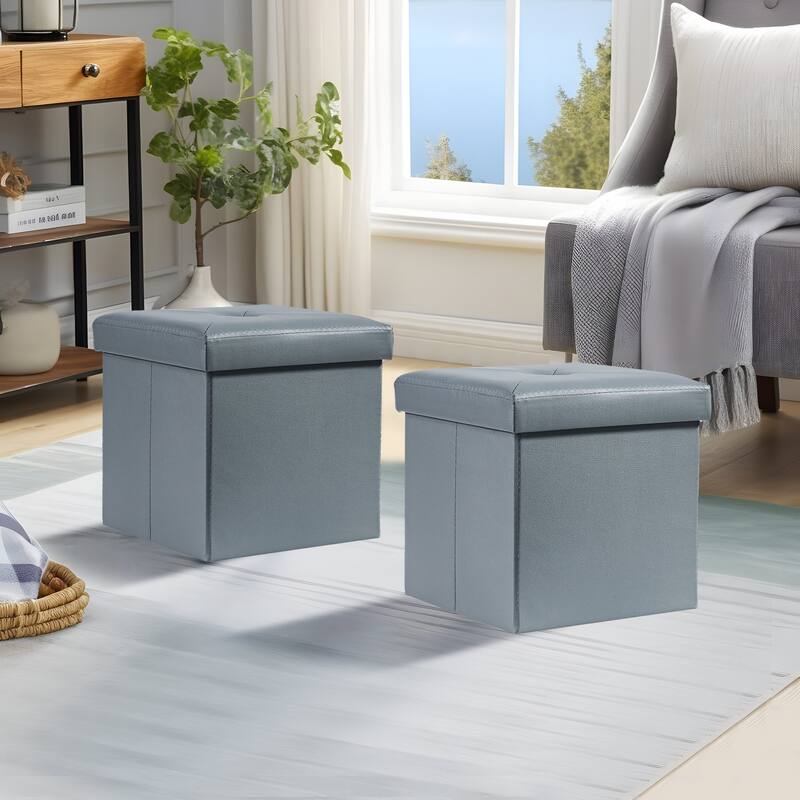 2 PC Storage Folding Ottoman, Storage Footrest Stool, Faux Leather Storage Bench Cube with Padded Seat for Small Space