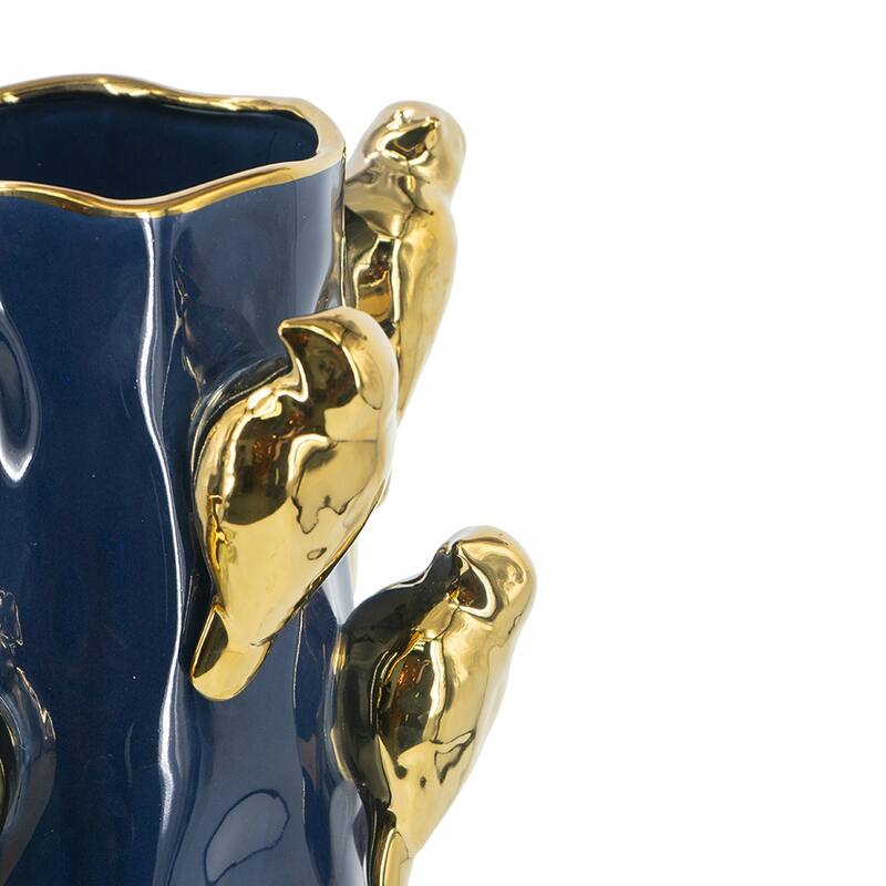 8.7x8.7x9.5" Blue Ceramic Tree Branch Vase with Gold Bird Accents