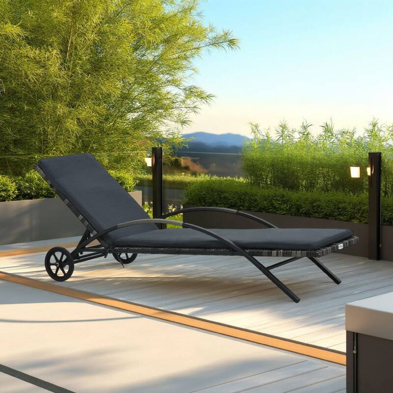 Sun Chaise Lounger with Cushion, 79 Inch, Wheels, Gray Poly Rattan