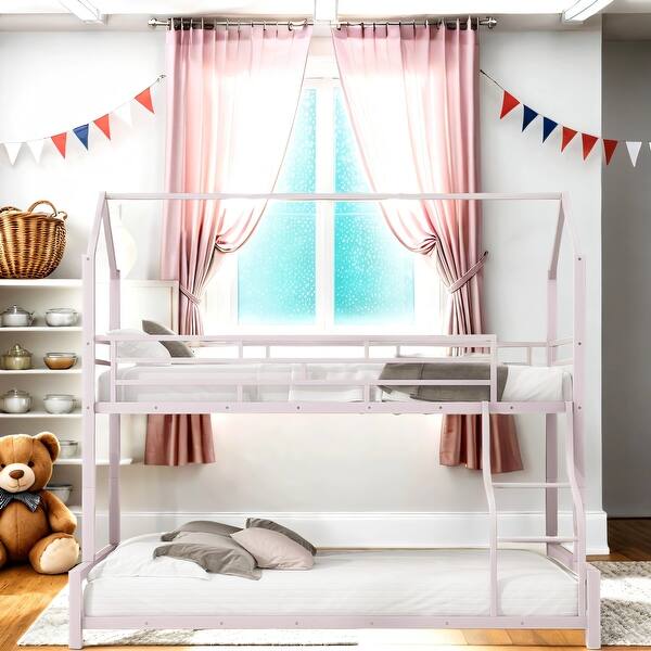 slide 2 of 12, Detachable Design House Shape Bunk Metal Bed Pink
