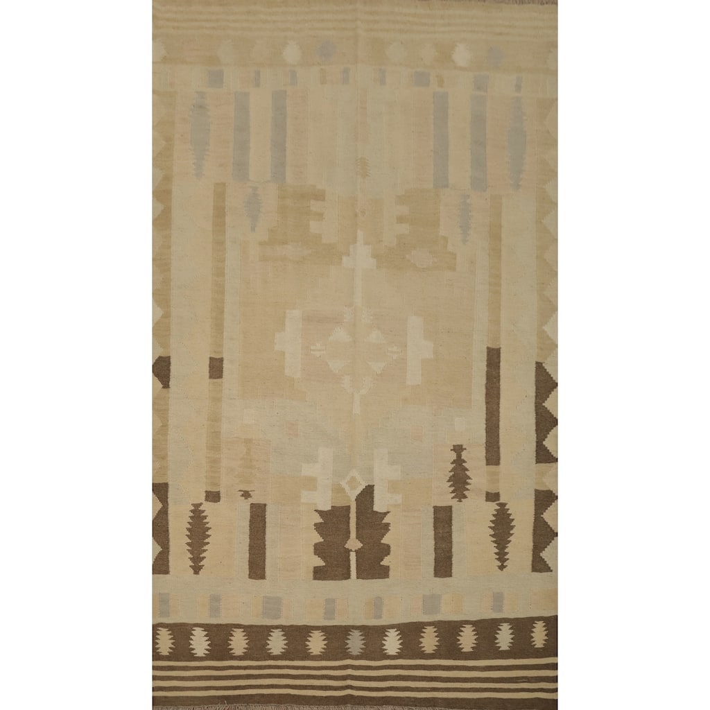 Hand Woven Oriental 100% Wool Carpet Southwestern Tribal Beige & Ivories Kilim Area Rug - 8' 0'' X 5' 0''