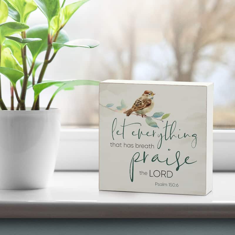 Wood Block Décor Message Let Everything Praise Sign, 3.75 inches Square, Made in The USA - Multi-42