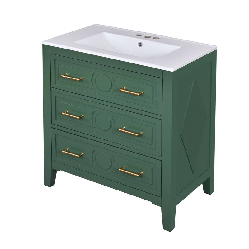 30-Inch Retro Green Bathroom Vanity with Ceramic Sink, Solid Wood Frame, and Soft-Close Drawers