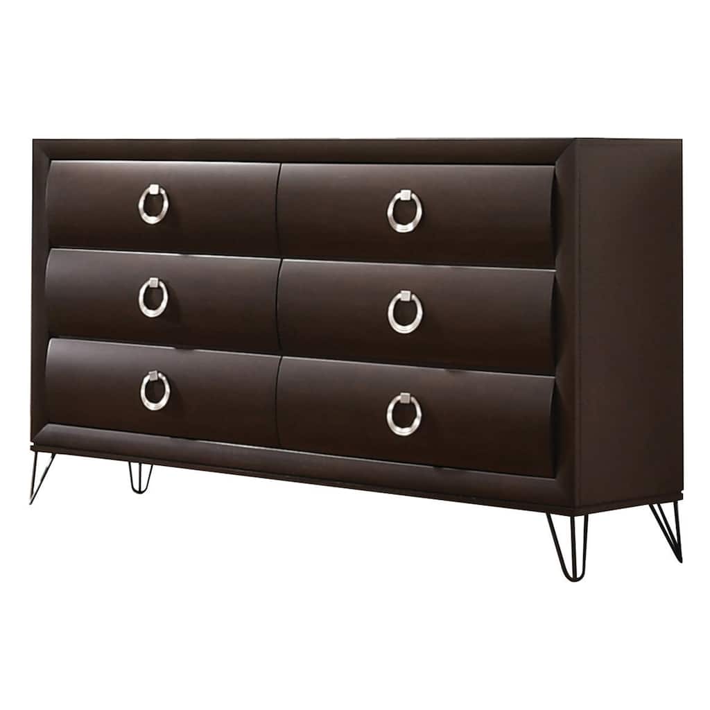 6 Drawer Wooden Dresser with Metal Ring Handles and Harpin Legs, Brown