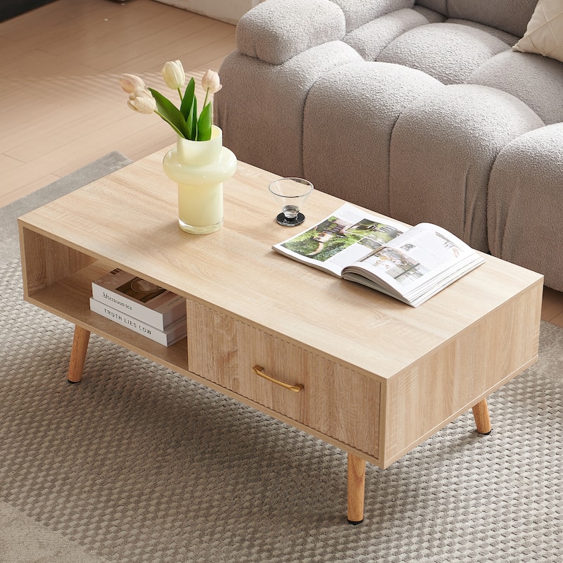 Rectangle Coffee Table with Solid Wood Legs, Sliding Drawer for Storage, Modern Table