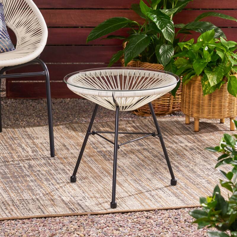 Roomfitters Nusa Outdoor Modern Rattan Side Table with Tempered Glass Top, Round Patio Accent Table, White