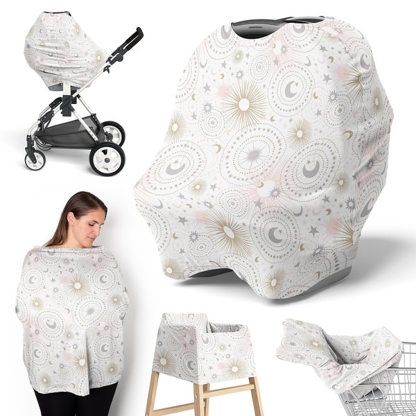 slide 2 of 6, Sweet Jojo Designs Star and Moon Girl 5 in 1 Baby Car Seat Nursing Cover Pink Gold Grey Celestial Sky Stars Shabby Chic