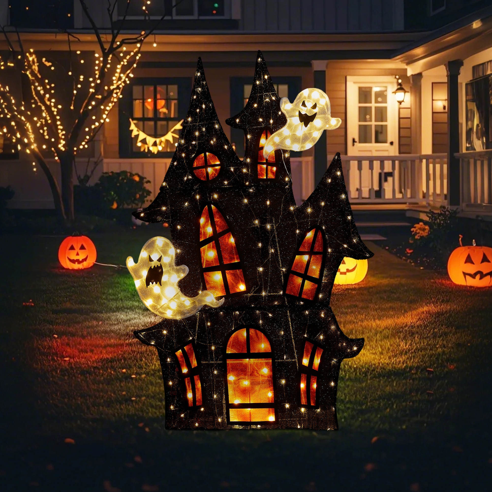 Glitzhome 5ft Pre-lit Halloween 2D Haunted House Outdoor Decor with 210 Warm White LED Lights