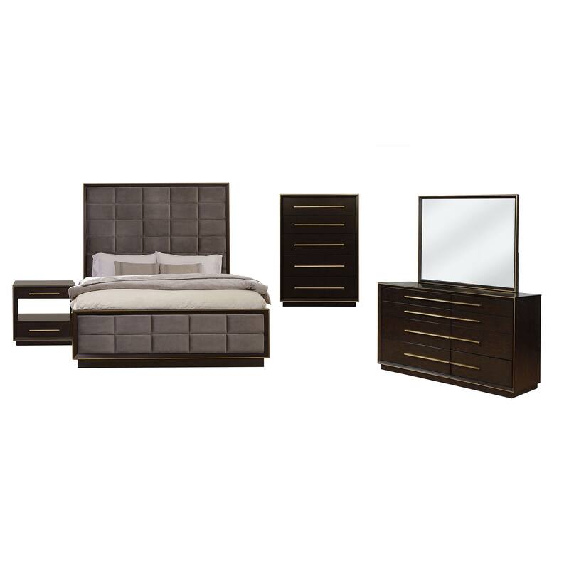 Lyni 5pc Tall Queen Bedroom Set, Gold Accents, Brown, Gray Upholstery