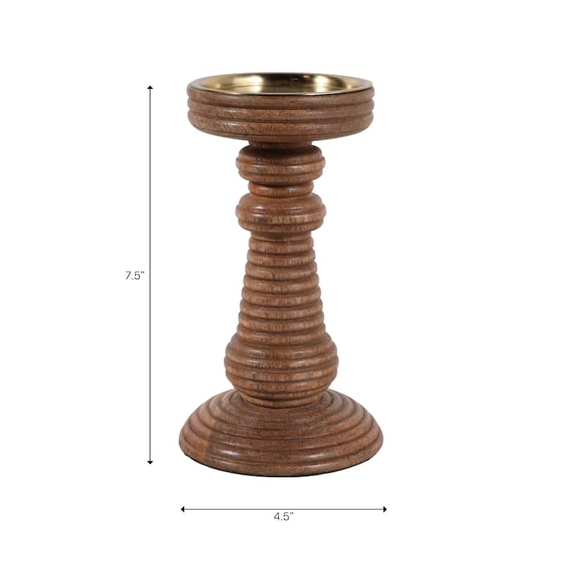 Candle Holder - Brown Mango Wood Ribbed Pillar
