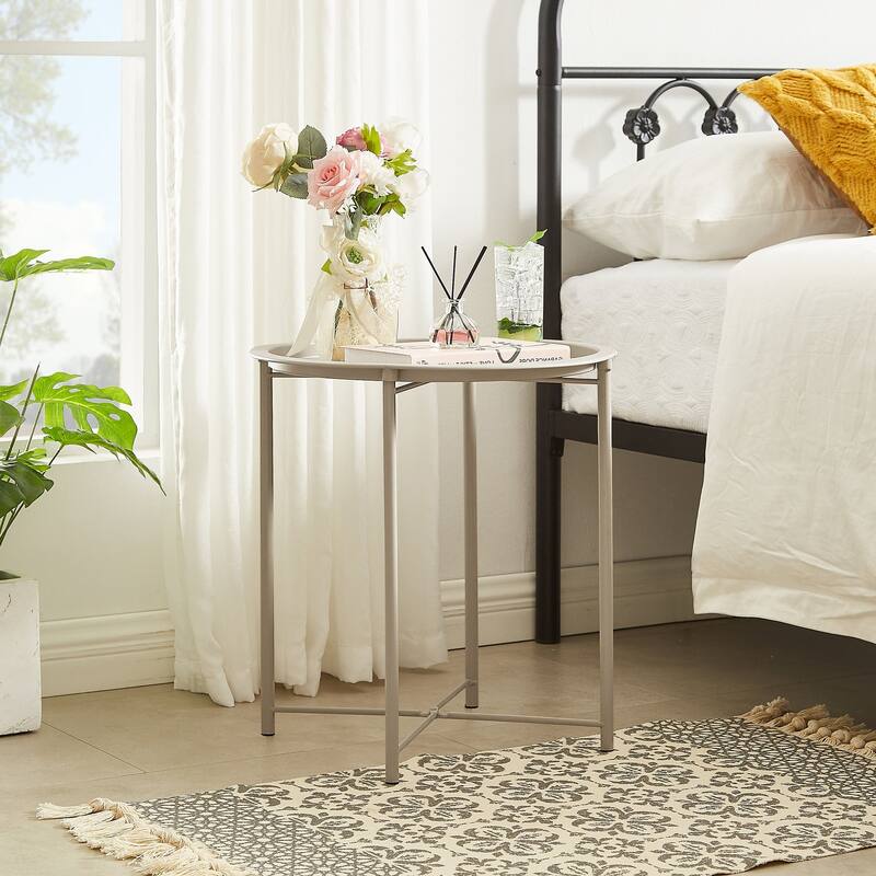 Javlergo Set of 2 Folding Round TV Tray Tables, Small Round Steel Side Table, No Assembly Required - 18.5 x 18.5 x 19.7 in