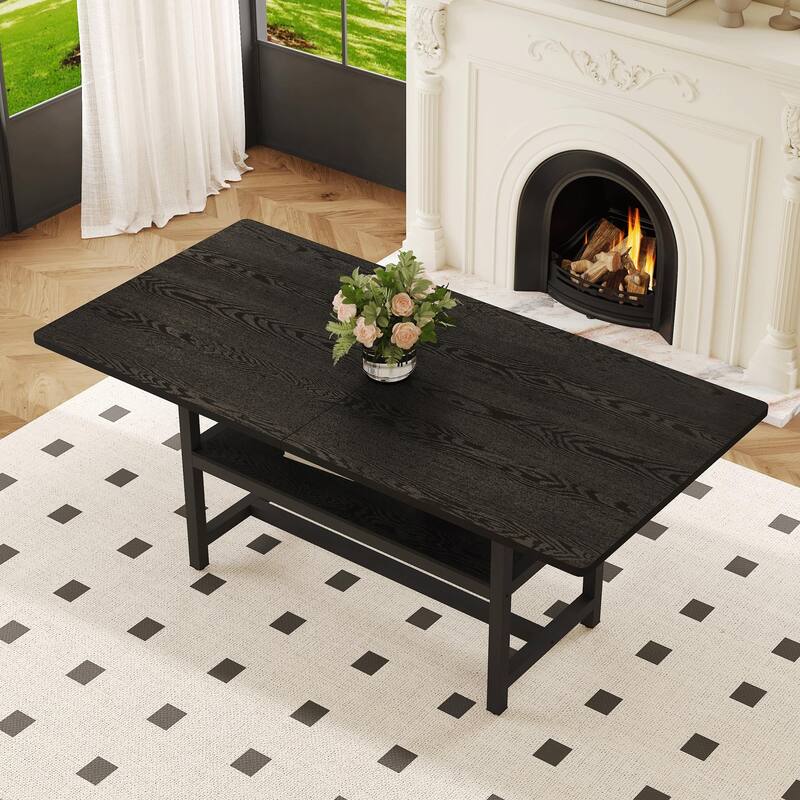 Extra Long Dining Table with Under Table Storage Shelf Black MDF Top Metal Legs Modern Design