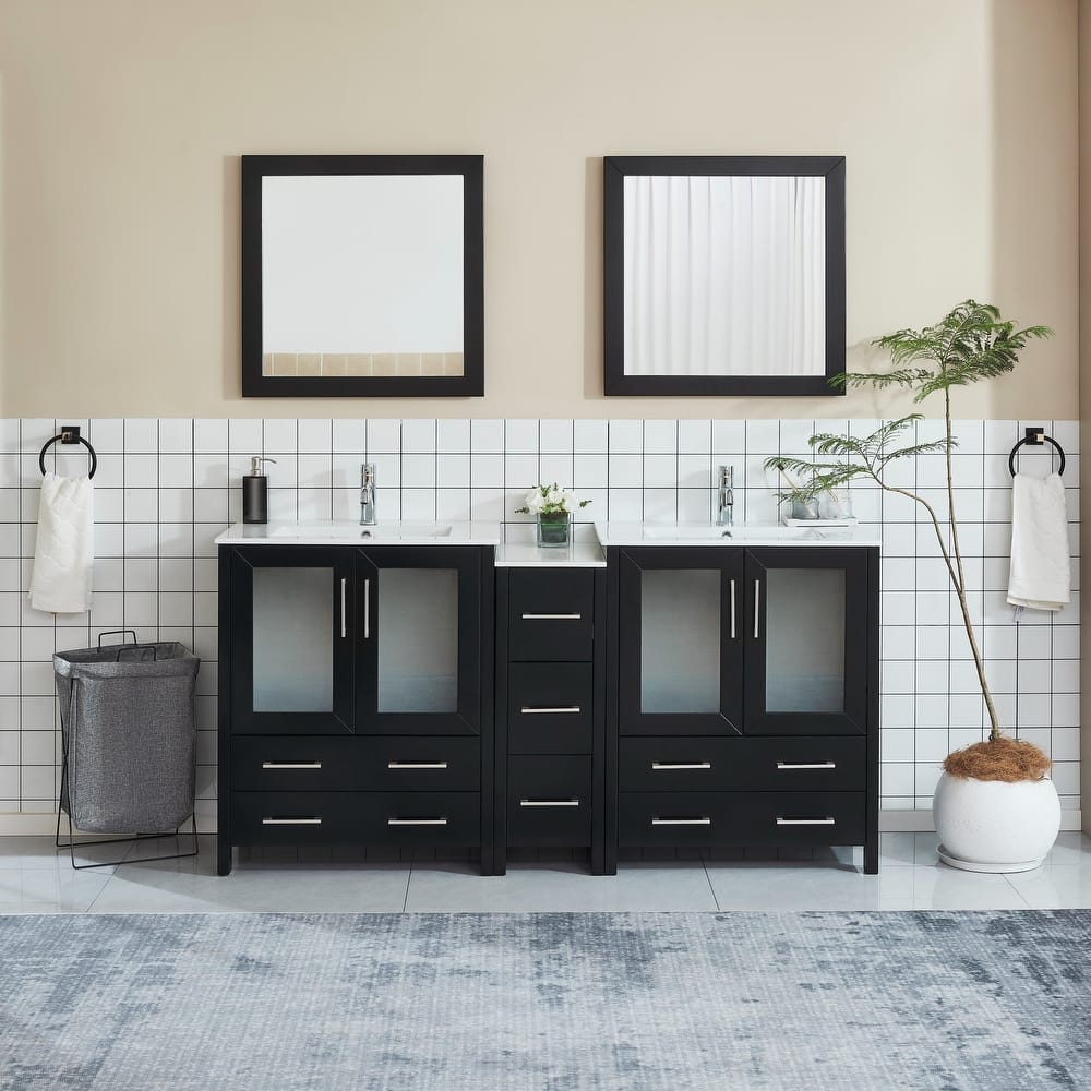 Vanity Art 72" Double Sink Bathroom Vanity Set 7 Dove-Tailed Drawers, 3 Cabinets, 2 Shelves, Soft-Closing Doors with Free Mirror