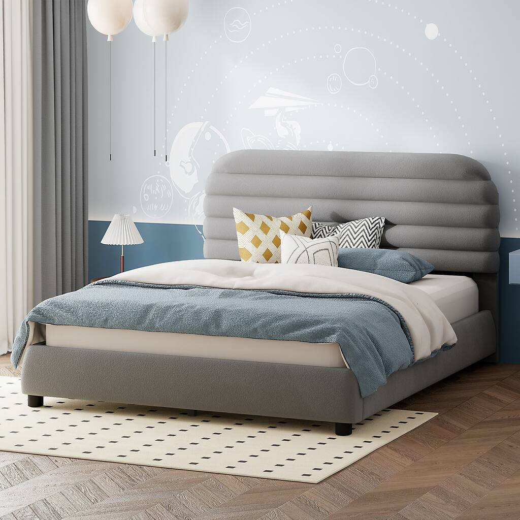 Gray Queen Size Velvet Upholstered Platform Bed with Height Adjustable Back