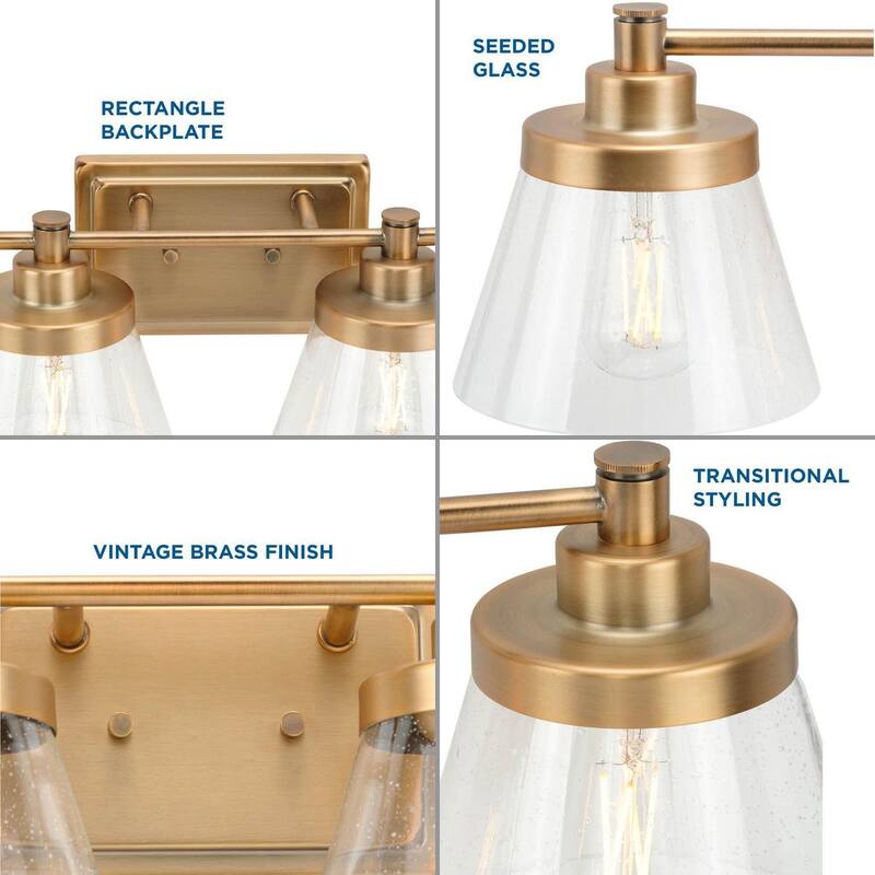 Hinton Collection Four-Light Vintage Brass Clear Seeded Glass Farmhouse Bath Vanity Light - 33.5 in x 7.12 in x 7.75 in