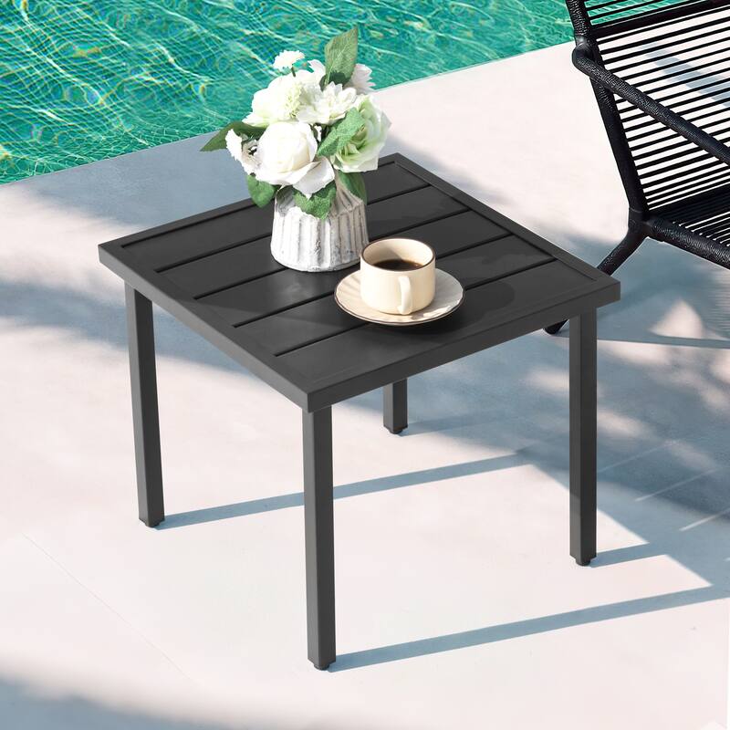 Metal Outdoor Side Table with Slatted Tabletop, Powder-Coated Frame