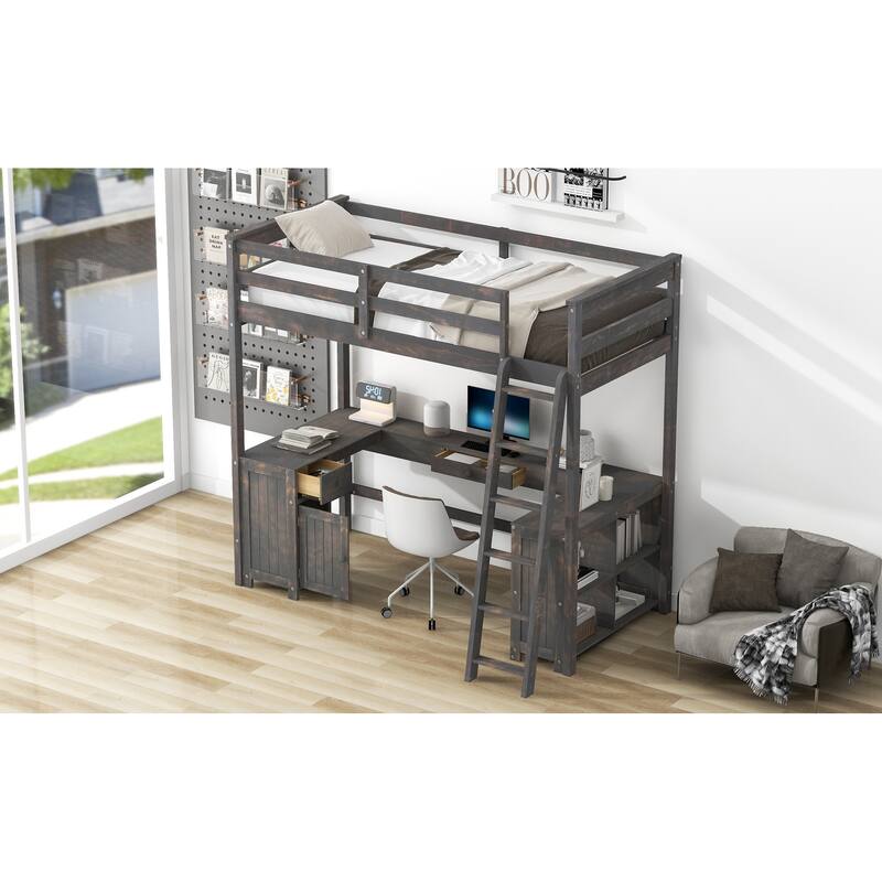 Twin Size Solid Wood Loft Bed with Desk, Blackboard, Storage Box, Shelf and 3 Drawers