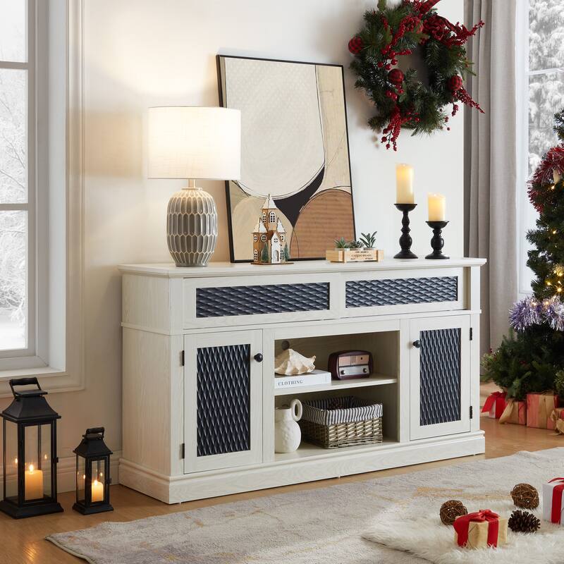 Modern Embossed Pattern TV Stand with 2 Large Cabinets and Open Shelving, for Living Room and Bedroom, White