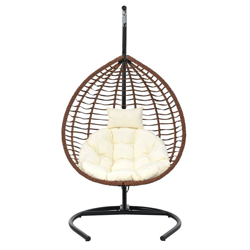 Indoor Outdoor Hanging Hammock Chair with Stand, Rattan Egg Swing Chair with Plush Cushion and Removable Headrest