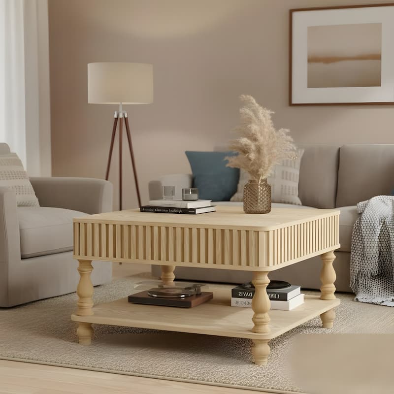 Rustic Style Lift-Top Coffee Table with Hidden & Open Storage