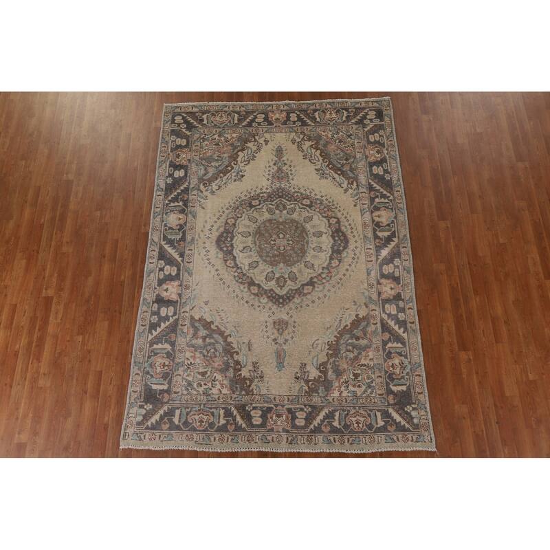 Distressed Tabriz Persian Antique Area Rug Living Room Wool Carpet - 6'4" x 9'2"