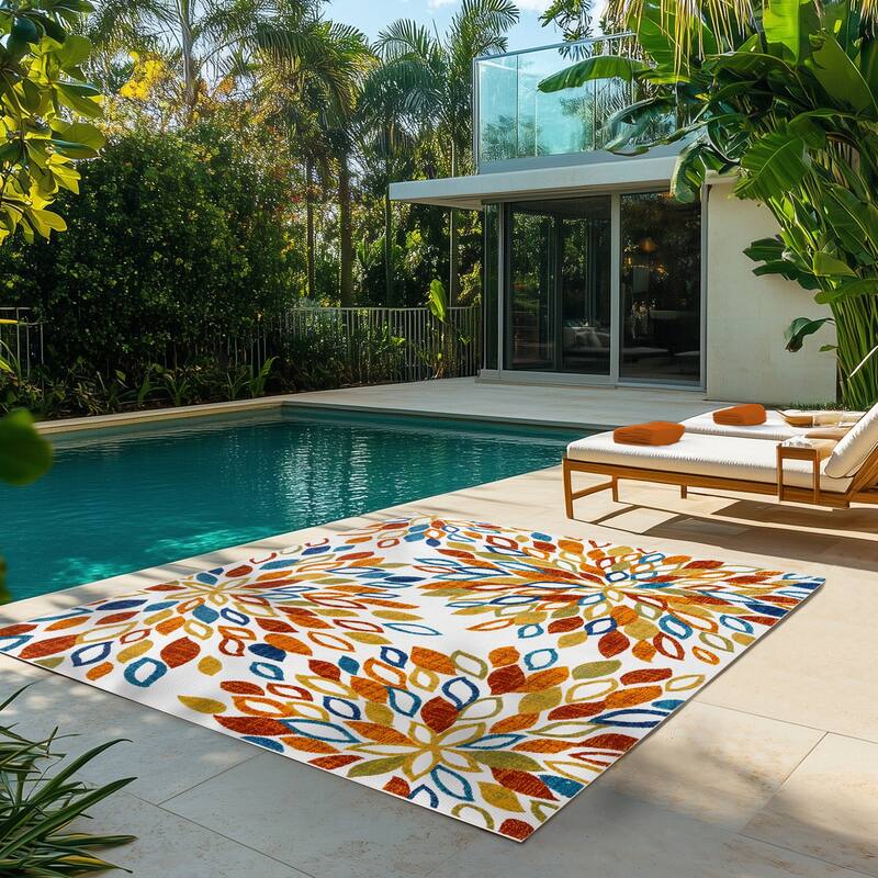Gertmenian Kalari Modern Bold Multicolored High-Low UV Protected Polypropylene Woven Indoor/ Outdoor Area Rug Collection