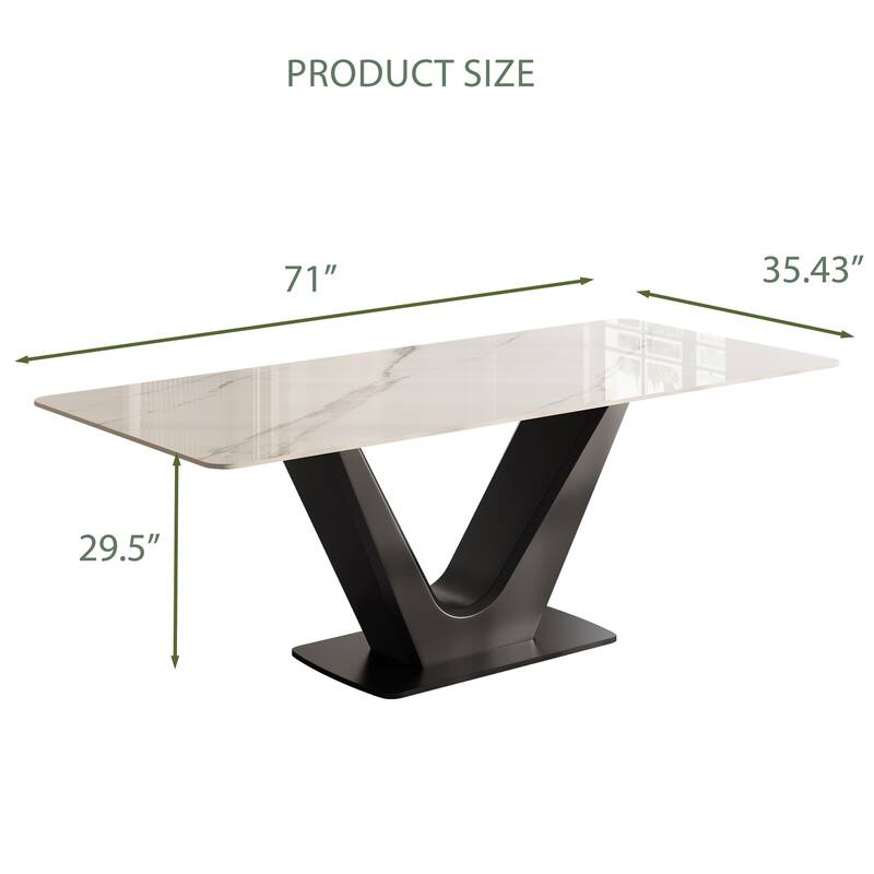 71'' Modern Rectangular Dining Table for 6, White Glossy Sintered Stone top with Gold Stainless Steel Legs