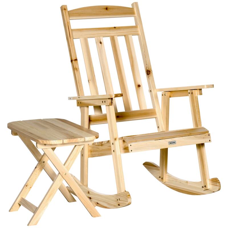 2 Pieces Wood Patio Bistro Set, Outdoor Rocking Chair Set with Armrests and High Back Rocking Chair and Portable Side Table