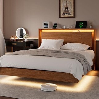 Full Size Floating Bed Frame with LED Lights, Charging Station, and ...