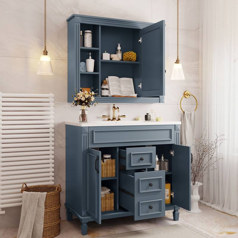 36'' Bathroom Vanity Combo Set with Mirror Cabinet, Modern Bathroom Storage Cabinet with 2 Soft Closing Doors and 2 Drawers