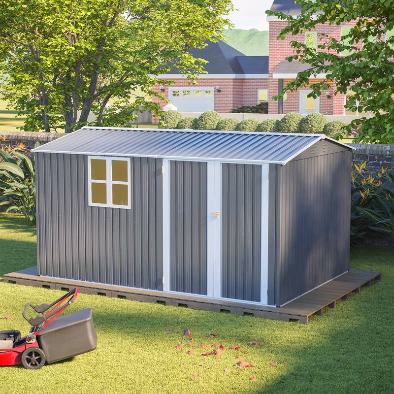 8x12 FT XL Heavy-Duty Outdoor Storage Shed with Window & Hinged Doors - Grey
