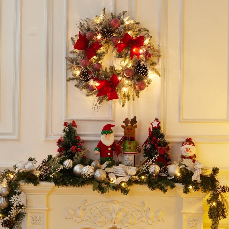 24" Pre-Lit Lighted Flocked Christmas Wreaths for Front Door - N/A