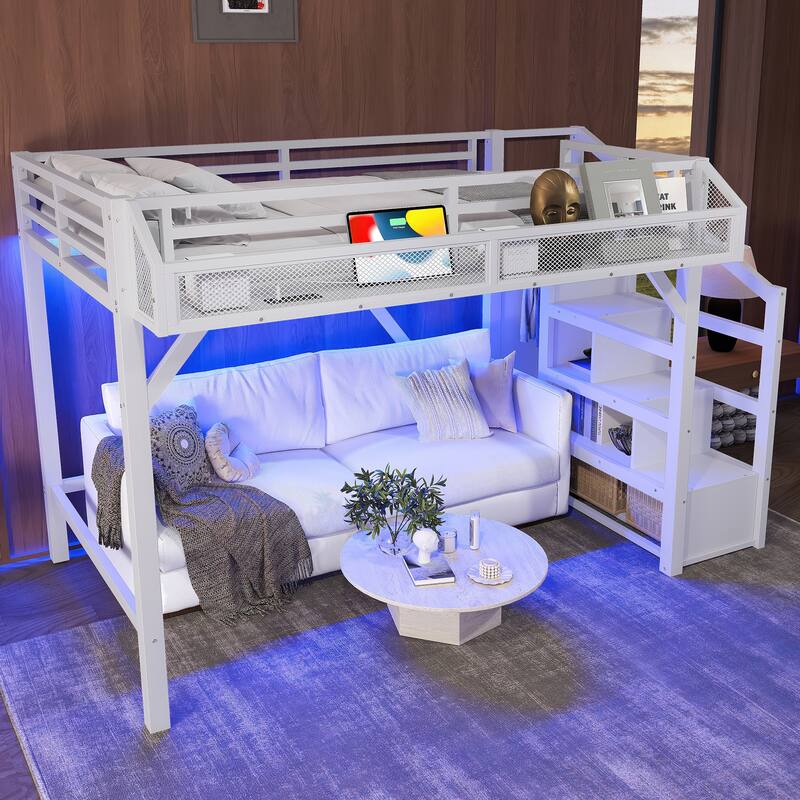 Twin XL Loft Bed with Storage Stairs, Shelves and Built-in Wardrobe, Metal Loft Bed Frame with USB Ports and LED Lights