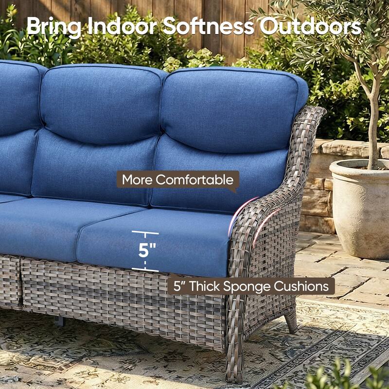 Pocassy Outdoor Wicker 3 Seat Sofa with 5 In Thick Cushion Patio Sofa