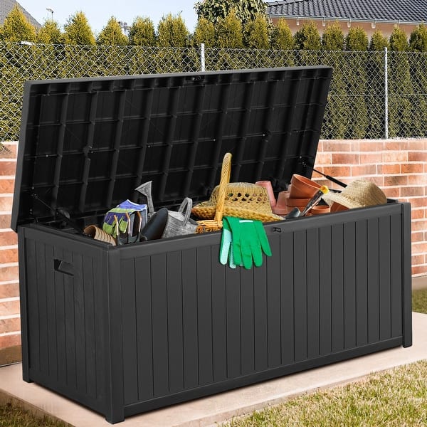 slide 2 of 10, 120 Gallon Resin Large Outdoor Indoor Patio Storage Box Black