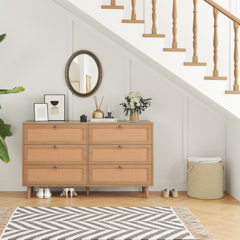 PE Rattan Double Dresser with 6 Drawers, Chest of Drawers Bedroom Storage Organizer