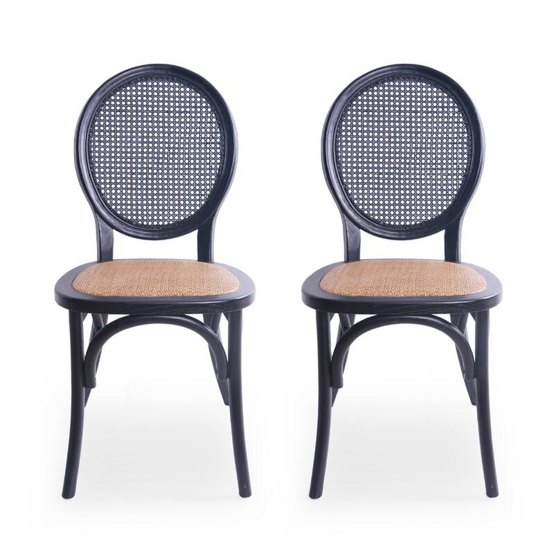 Dining Chair Set of 2, Matte Black Rattan Woven Back and Brown Seat