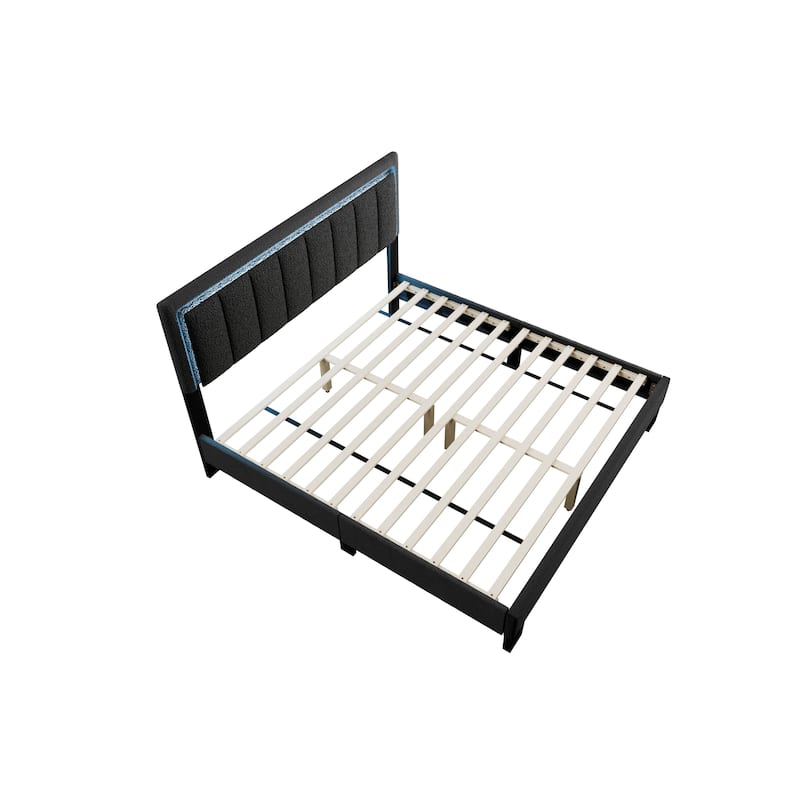 Modern Style 1pc Bed Set Channel Tufted Built In LED Light Headboard Charcoal Finish Bedroom Furniture