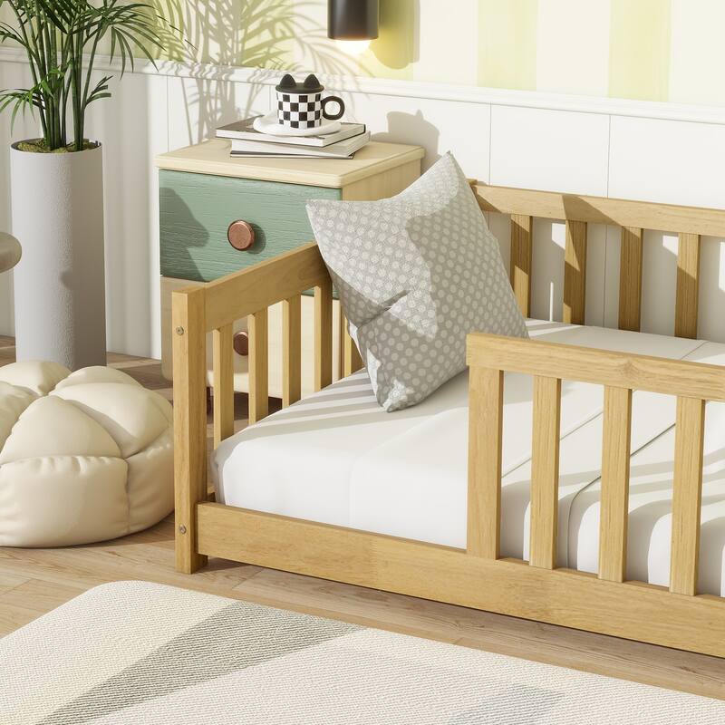 Rubber Wood Twin Size Floor Bed with Fence without Door