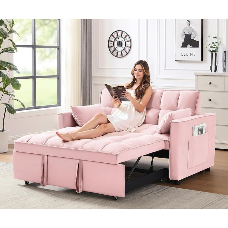 3 in 1 Convertible Sleeper Sofa Bed, Futon Couches for Living Room with Side Pocket, Adjustable Backrest - Pink