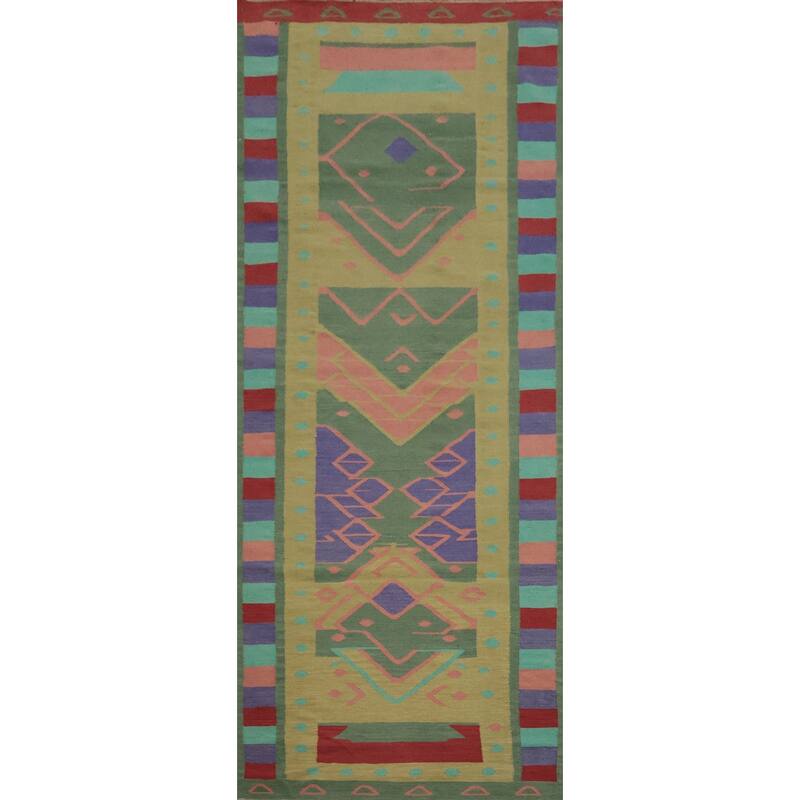 Hand Woven Oriental 100% Wool Carpet Southwestern Tribal Green Kilim Runner Rug - 11' 8'' X 4' 0''