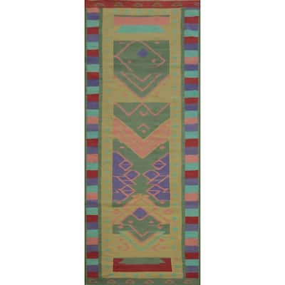 Hand Woven Oriental 100% Wool Carpet Southwestern Tribal Green Kilim Runner Rug - 11' 8'' X 4' 0''