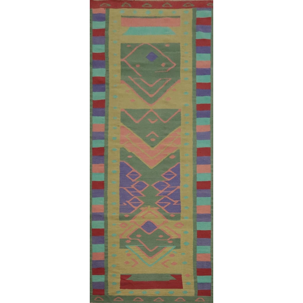 Hand Woven Oriental 100% Wool Carpet Southwestern Tribal Green Kilim Runner Rug - 11' 8'' X 4' 0''