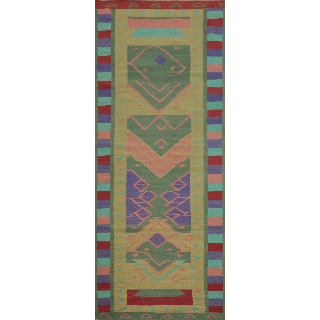 Hand Woven Oriental 100% Wool Carpet Southwestern Tribal Green Kilim Runner Rug - 11' 8'' X 4' 0''