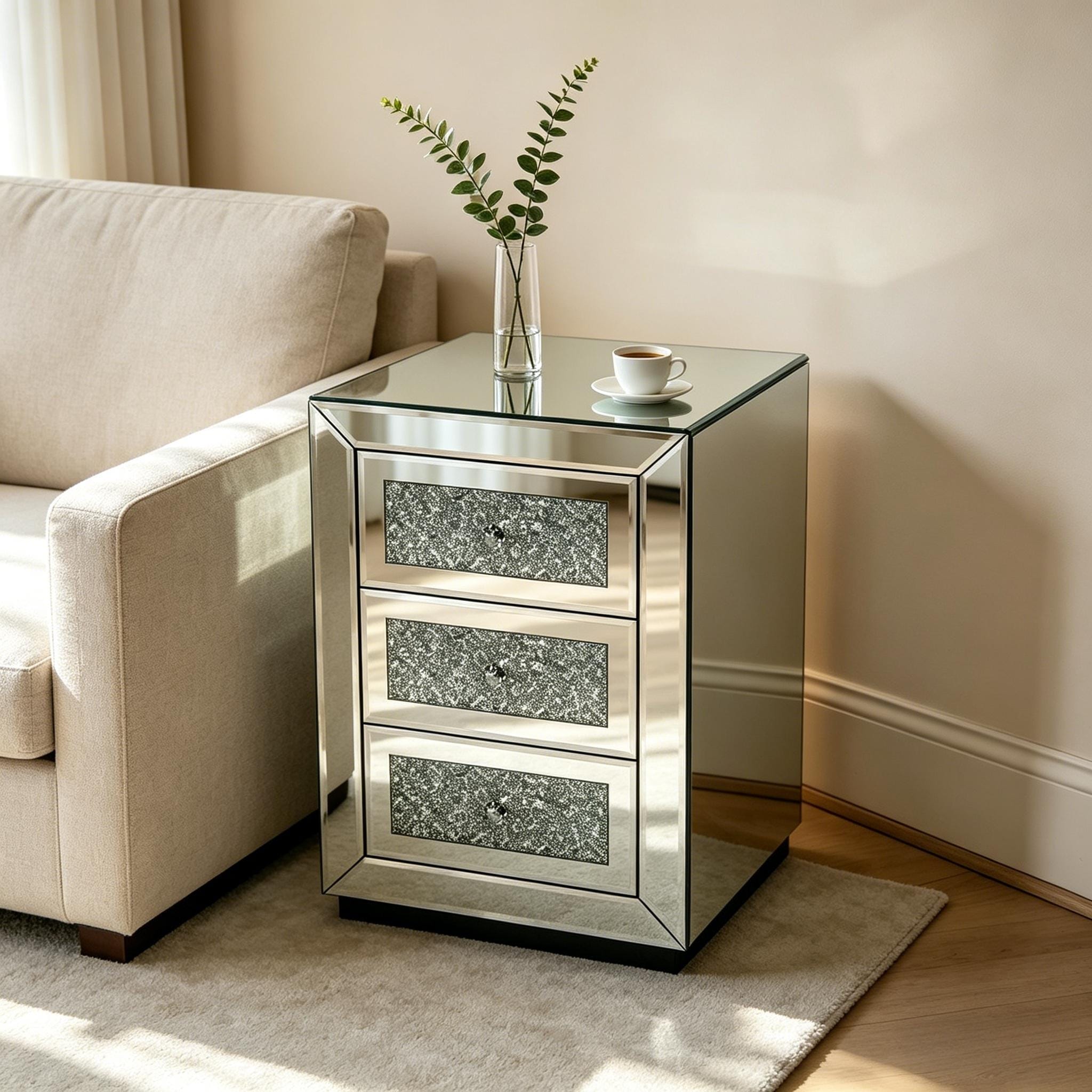 3-Drawer Mirrored Nightstand Bedside Table Glass Accent End Table, Silver
