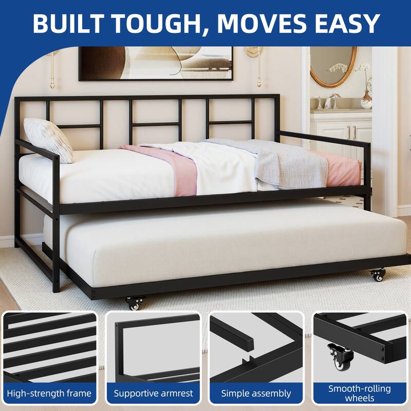 Moasis Twin Daybed with Pull Out Trundle, Metal Trundle Bed