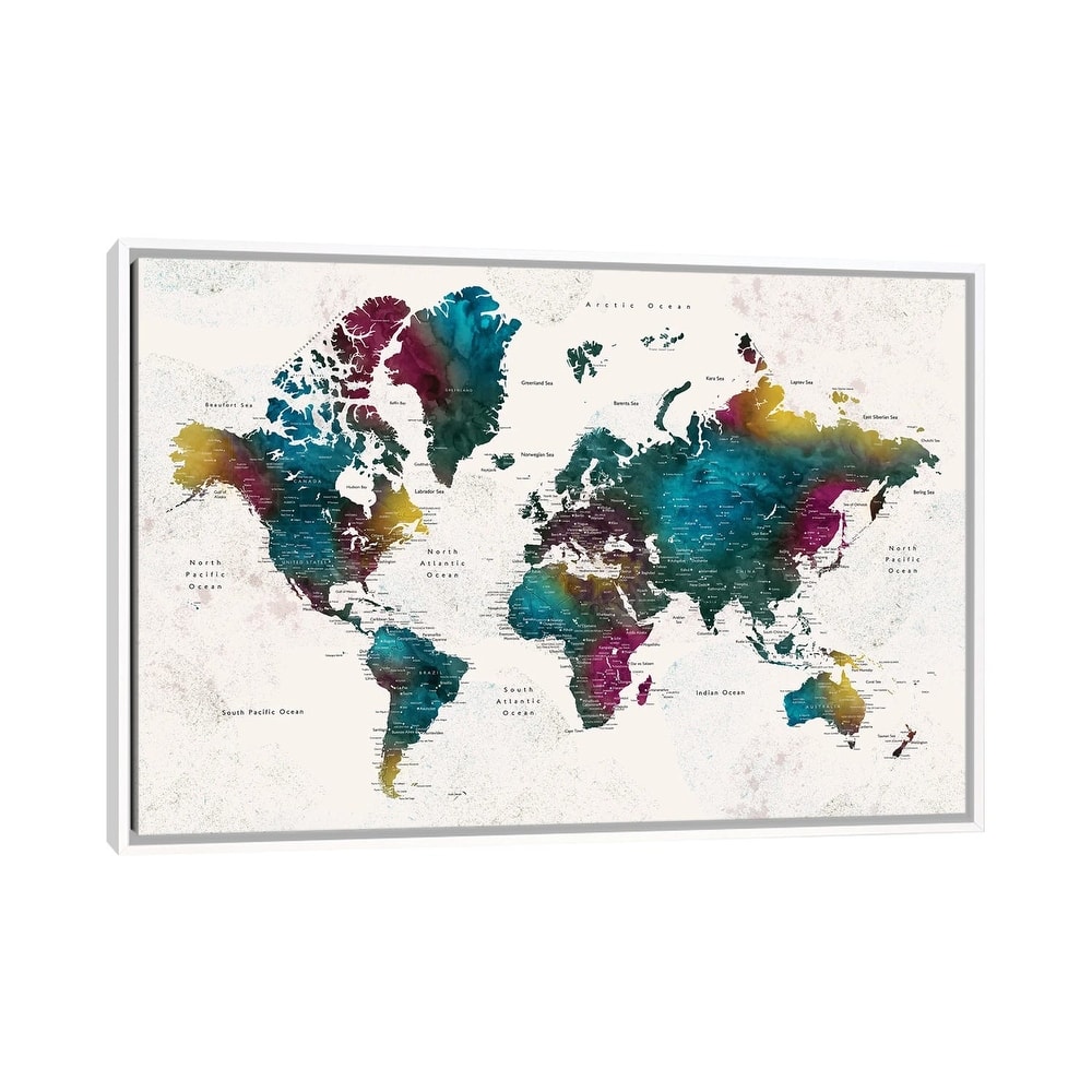 iCanvas "Charleena Detailed Watercolor World Map With Cities" by blursbyai Framed Canvas Print