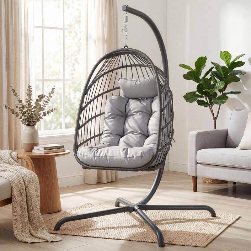 Oversized 1-Person Foldable Hanging Egg Chair - Wicker Swing Chair with Stand, Portable for Indoor Outdoor Patio - Light Grey