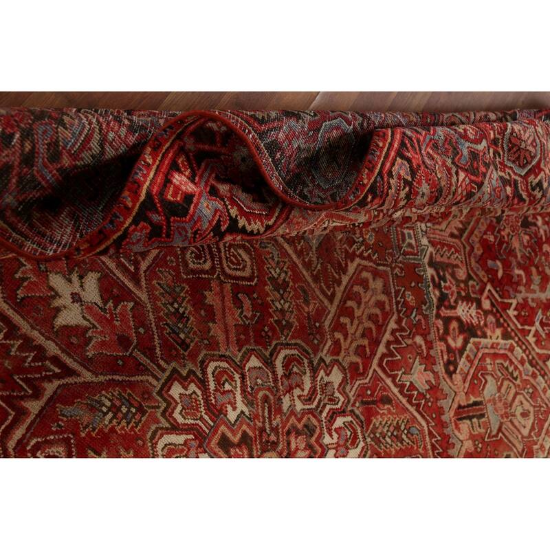 Red Geometric Heriz Persian Vintage Area Rug Hand-Knotted Wool Carpet - 9'4"x 13'5"
